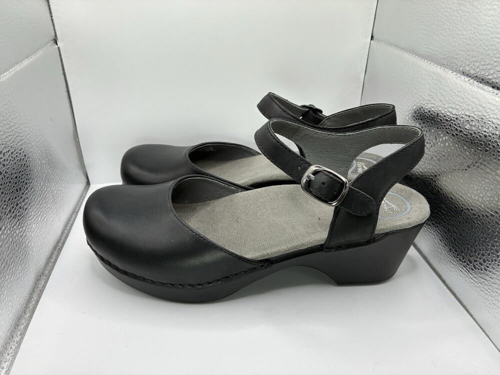 Dansko 38 Mary Jane Clogs Black Leather Ankle Strap Nursing Wedge 7.5 8 Comfort
